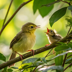 baby zitting cisticola bird waiting for food from