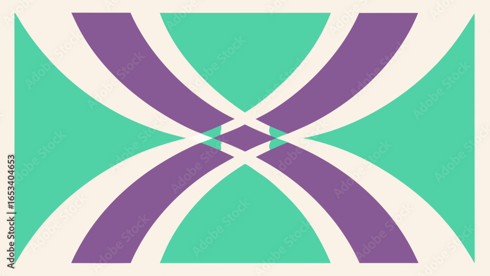 Poster geometric abstract pattern of intersecting purple and teal curved bands on a cream transparency back