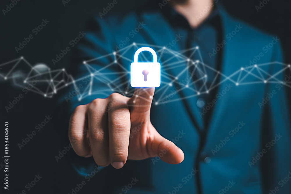 Poster cyber security padlock digital technology protection network security and data privacy concept 100