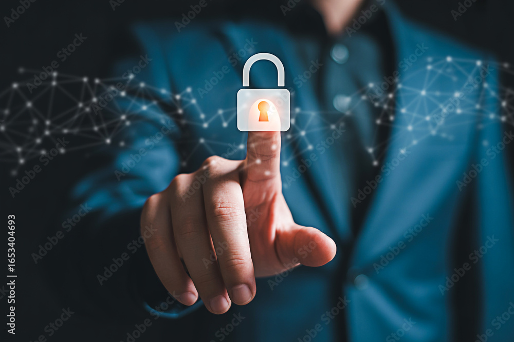 Poster cyber security concept hand touching lock digital data protection network technology system 100 char