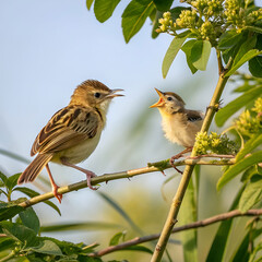 baby zitting cisticola bird waiting for food from