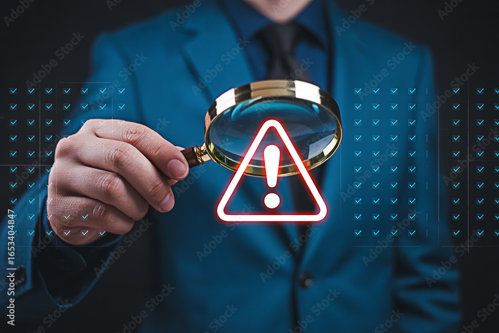 Aufkleber risk assessment with magnifying glass and warning sign for security vulnerability analysis and threa