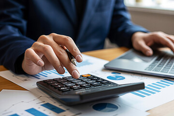 Financial analysis and accounting: business person using calculator and laptop for data analysis
