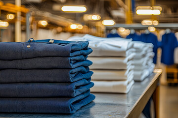 Neatly folded stacks of navy blue and white uniforms in a manufacturing or retail setting