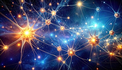 Neural network with synapses, brain cells, and abstract science background.