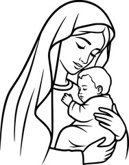 Virgin Mary and Baby Jesus Black Outline Vector
