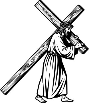Jesus Christ Carrying the Cross Black and White Vector Outline
