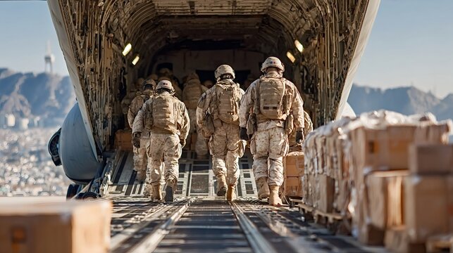 Soldiers are exiting a military transport aircraft loaded with humanitarian aid supplies, ready to provide relief and support to those in need - Powered by Adobe