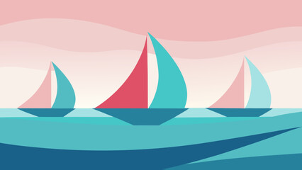 Stylized Sailboats With Colorful Sails On Wavy Ocean Under Pastel Sky sailing water transparency background