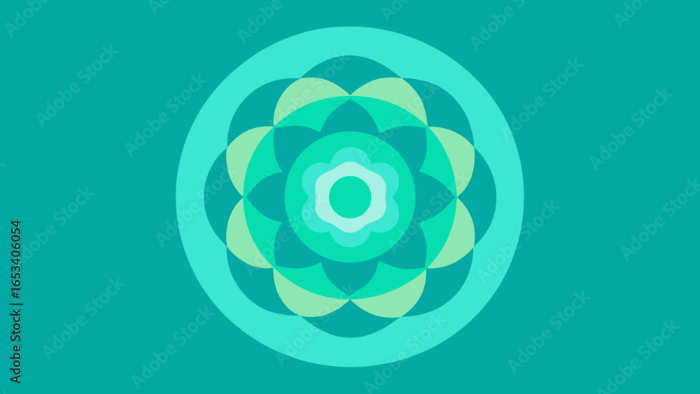 Poster teal mandala style circular pattern with layered petal shapes geometric abstract transparency backgr
