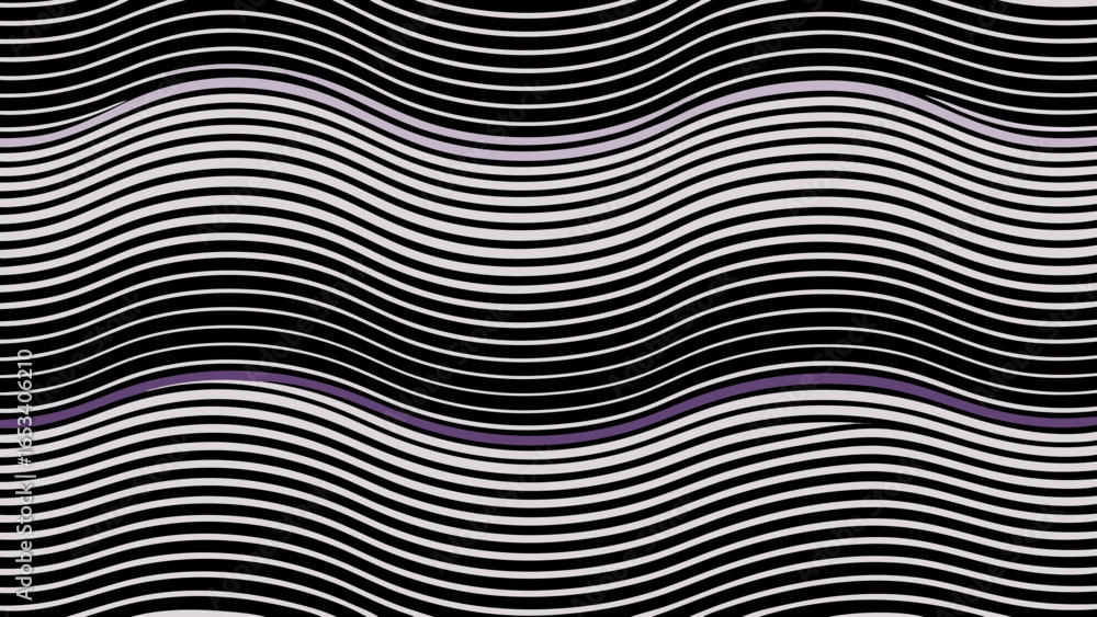 Poster transparency background black and white wavy lines with two horizontal purple bands creating an opti