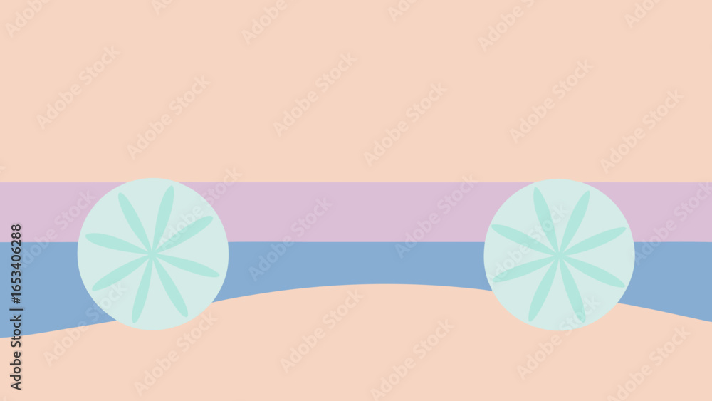 Poster two circular starburst shapes on a pastel striped transparency background abstract pattern