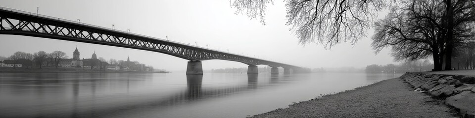 Naklejka premium Long bridge stretching over a wide river on a misty day in black and white photograph, reflecting in calm water.