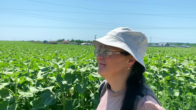 Lady in hat laughs in front of sunflower field, side view Close-up of lady in hat and glasses stands by sunflower field and laughs. Concept of good mood from walk along rural road among sunflowers