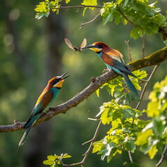 bee eaters with multicolored feathers sitting on t