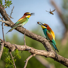 bee eaters with multicolored feathers sitting on t