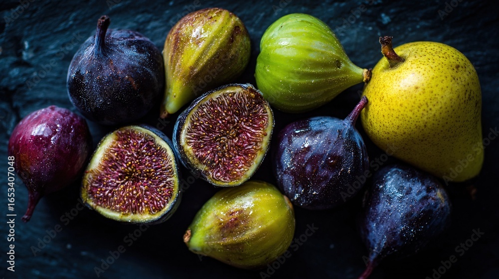 Aufkleber a cluster of figs resting atop a table alongside a lemon and assorted fruits
