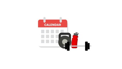 Animated gym day concept video with calendar dumbbell kettlebell and water bottle representing workout schedule training fitness and healthy lifestyle motivation.