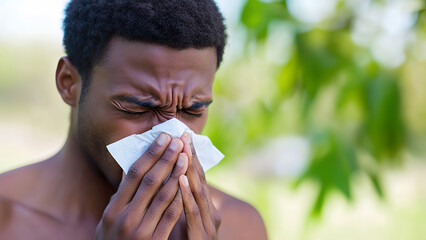Black man blowing nose with tissue outdoors surrounded by greenery, health, allergy, or cold remedy