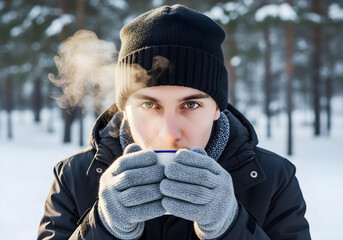 Hot Coffee in Hands on Winter Morning