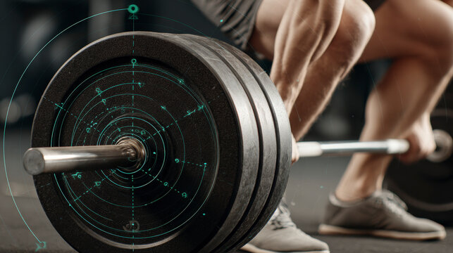 A man is lifting a barbell with a green circle on it