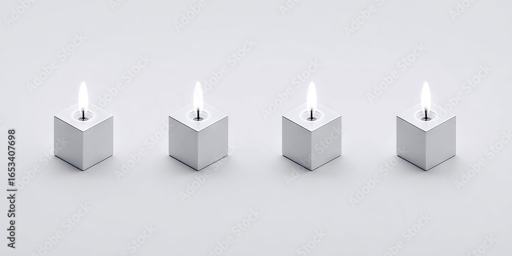 Aufkleber minimalist design featuring four metallic cube candles with flickering flames arranged in a row on a