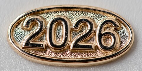Metallic badge featuring the year 2026, showcasing a shiny gold finish with intricate textures, ideal for commemorative events or milestone celebrations