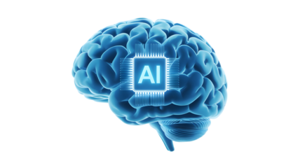Glowing ai chip integrated into a blue human brain isolated on transparent background