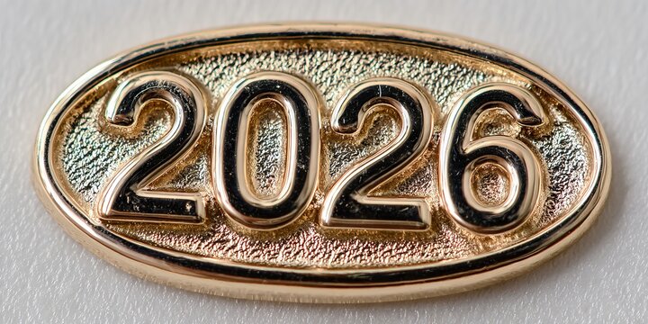Metallic badge featuring the year 2026, showcasing a shiny gold finish with intricate textures, ideal for commemorative events or milestone celebrations