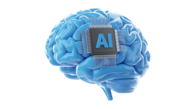 Blue human brain with ai microchip isolated on transparent background