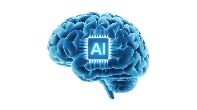 Glowing ai chip integrated into a blue human brain isolated on transparent background