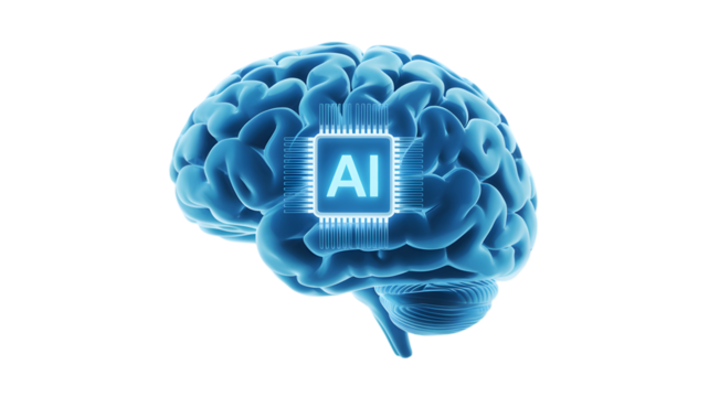 Glowing ai chip integrated into a blue human brain isolated on transparent background - Powered by Adobe