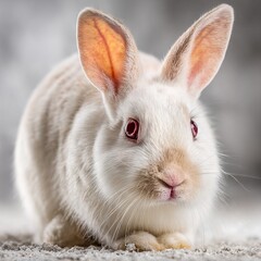 White rabbit with pink eyes, sitting on soft surface, showcasing its fluffy fur and long ears, creating a serene and adorable atmosphere in a gentle light setting