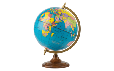 Colorful educational globe on a wooden stand isolated on transparent background