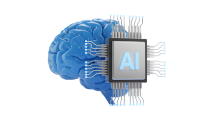 Blue human brain connected to ai chip isolated on transparent background