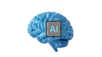 Blue brain with ai chip and digital connections isolated on transparent background