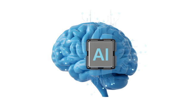 Blue brain with ai chip and digital connections isolated on transparent background