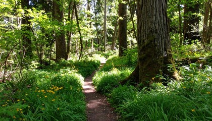 Obraz premium Sunlight streams through a lush forest path lined with wildflowers