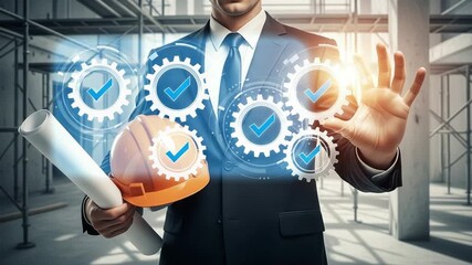 Engineer holding blueprint and hardhat with digital gears and checkmarks overlayed on construction site - Powered by Adobe