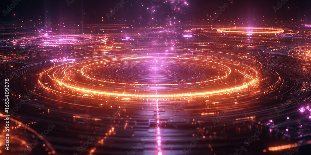 Poster futuristic glowing circles creating digital data flow on circuit board
