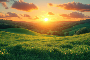 Obraz premium Sunset Casting Golden Light Over Forested Valley Hills