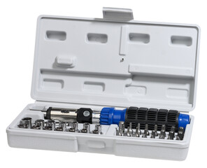 Set of tools in a white plastic case. Inside is a universal screwdriver with a blue rubberized...