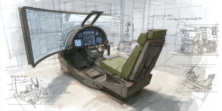 Flight simulator cockpit design showing control panel and seat