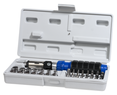 Set of tools in a white plastic case. Inside is a universal screwdriver with a blue rubberized handle and a ratchet mechanism, set of replaceable nozzles.