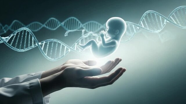 Illuminated fetus above hands with dna strands in a medical and scientific illustration design