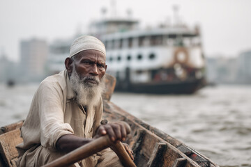 Elderly boatman rowing on buriganga river with ferry in background