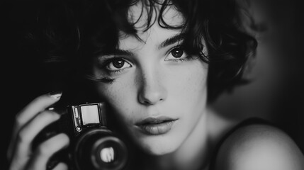 Young female photographer holding vintage camera taking photos