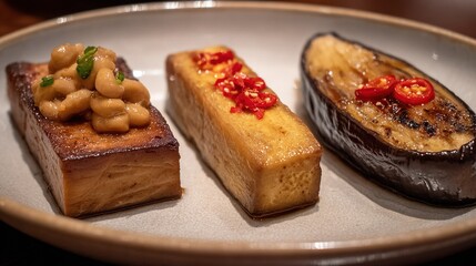   A white plate holds three desserts atop a wooden table, alongside a bowl of fruit and a cup of coffee