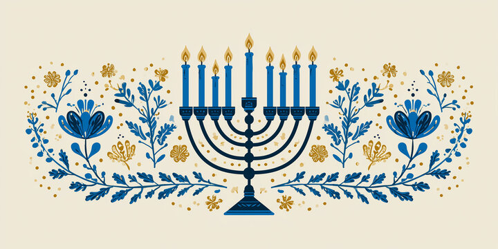 Burning hanukkah menorah with blue and gold floral decoration celebrating jewish festival of lights - Powered by Adobe