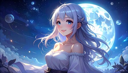 Smiling girl under a full moon